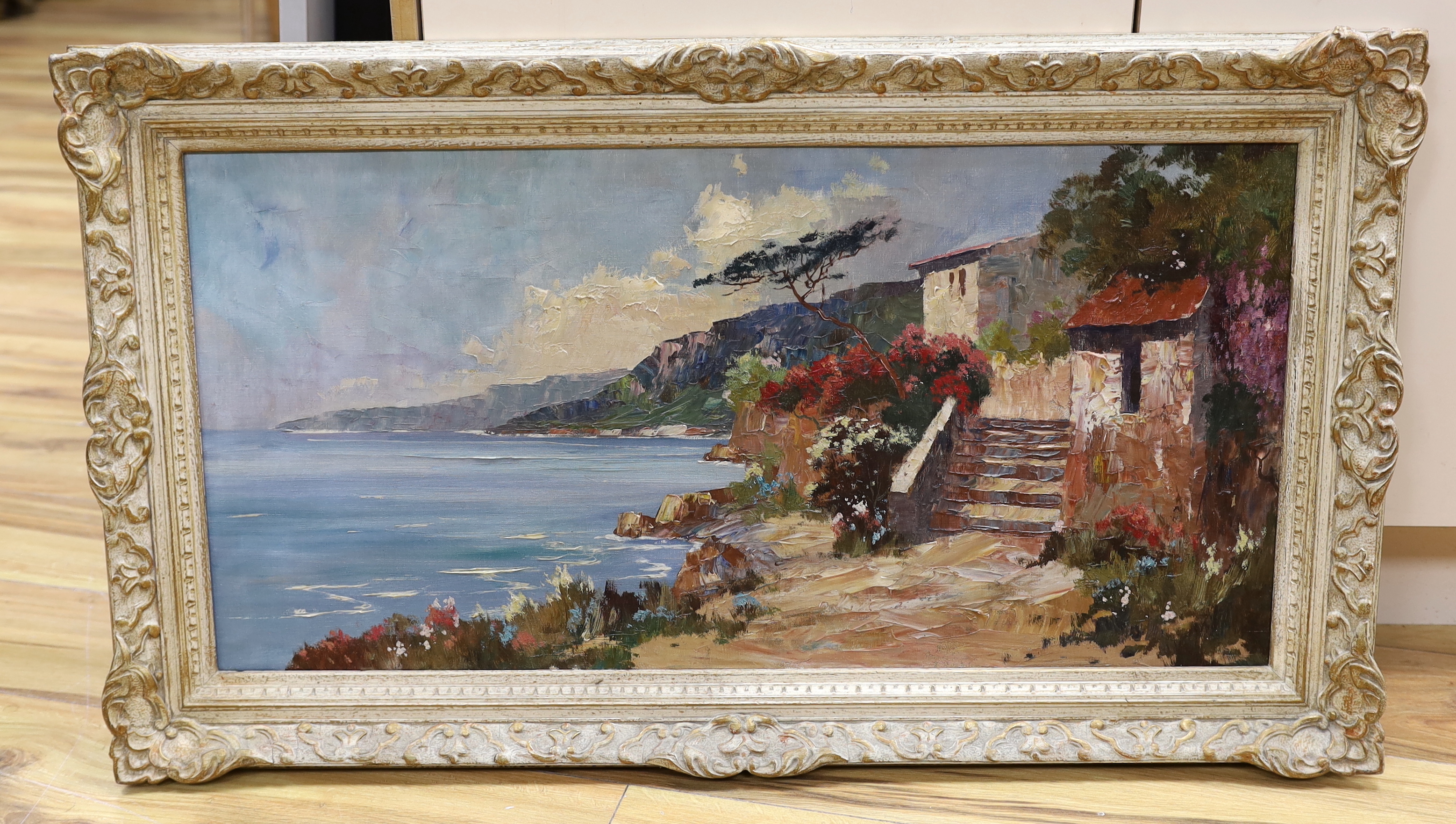 Continental School, impasto oil on canvas, Coastal scene with villas, 79 x 39cm